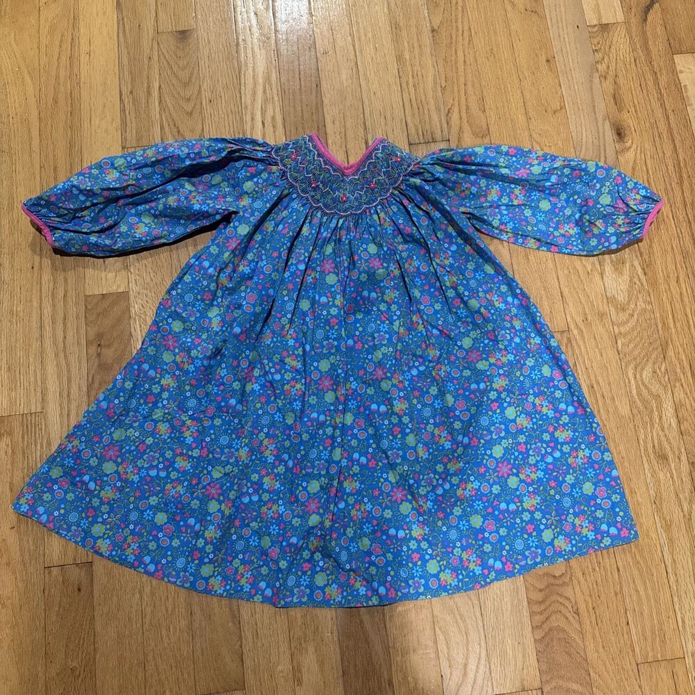 Petit Ami Girls Smocked 4T Blue Pink Floral long Sleeve Dress southern belle